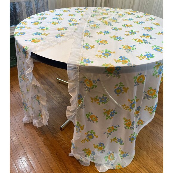 Vintage 80s curtains, white, orange, blue, green floral ruffled, pair of panels - Picture 5 of 9